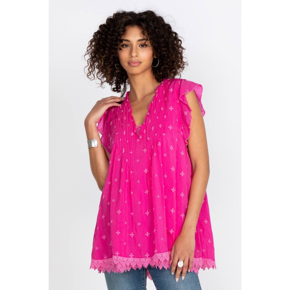 Johnny Was | Anthena Tunic XL Paradise Pink Eyelet Embroidered Lace Trim Top